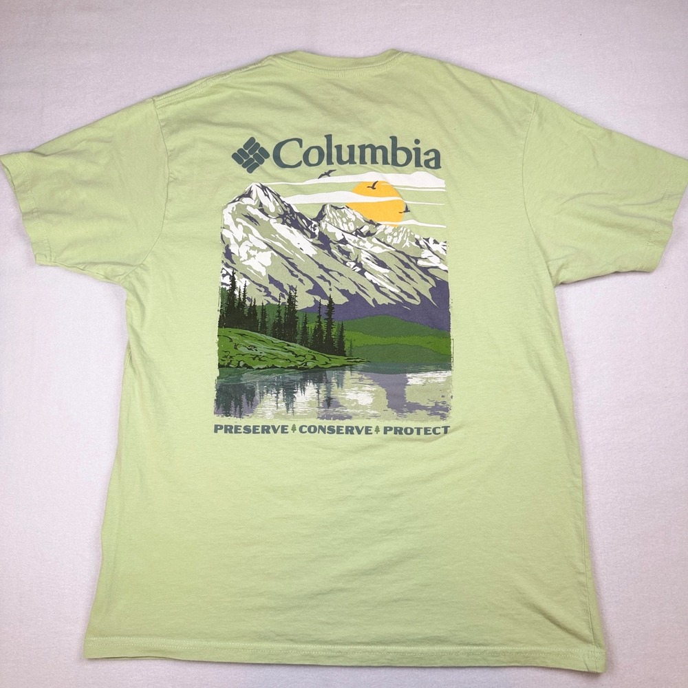 Columbia Mens Graphic T-Shirt Lime Green Mountain Preserve Conserve Protect L